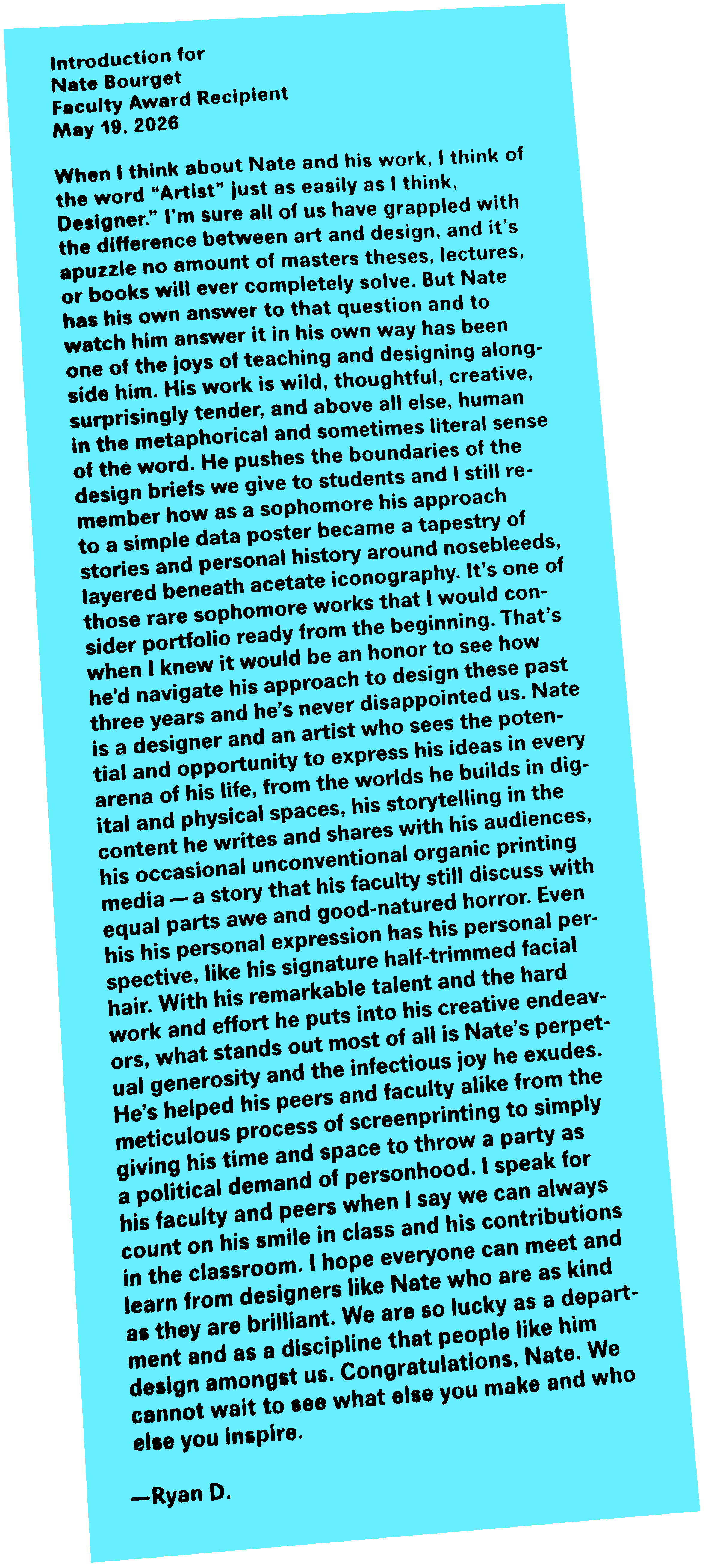 Written introduction for Nate Bourget by Ryan Diaz